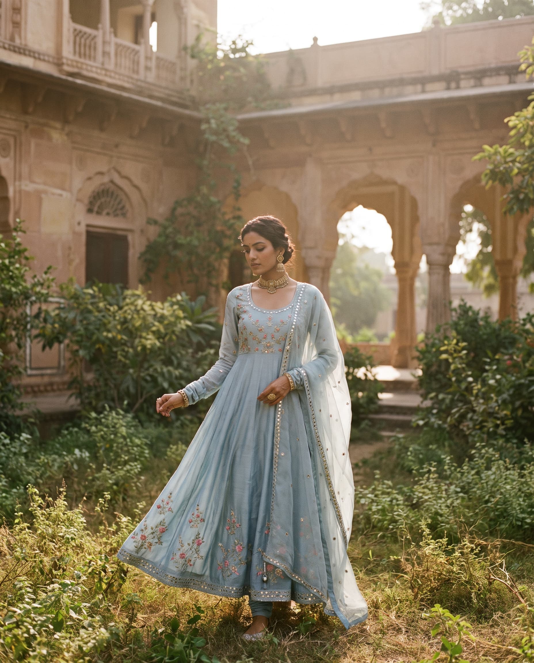 Anarkali Powder-Blue Silk Suit