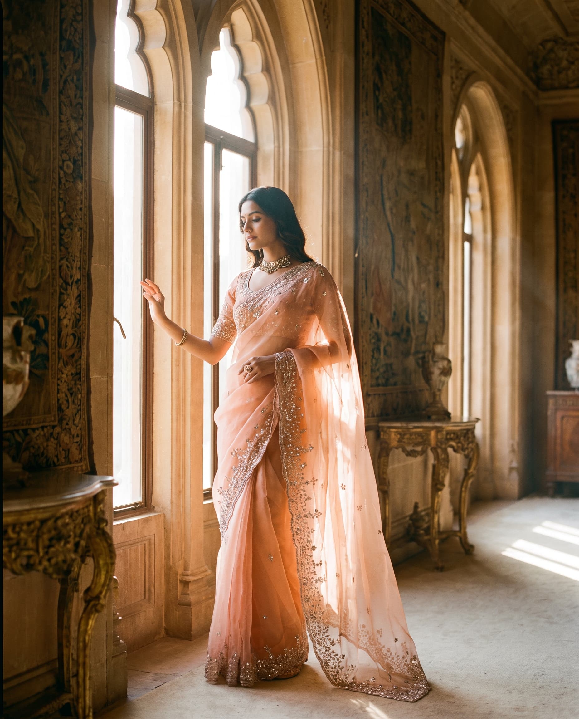 Organza Peach Sequin Saree