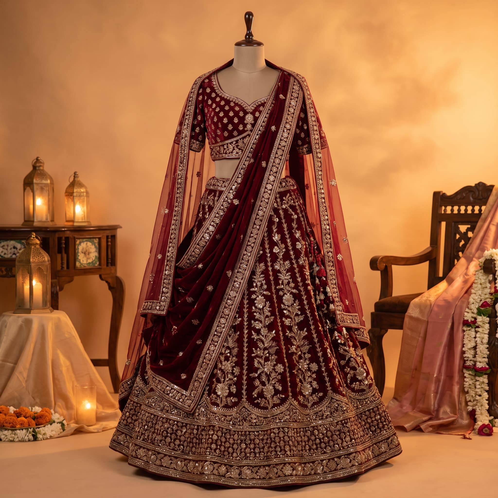 Bridal Maroon Velvet Lehenga